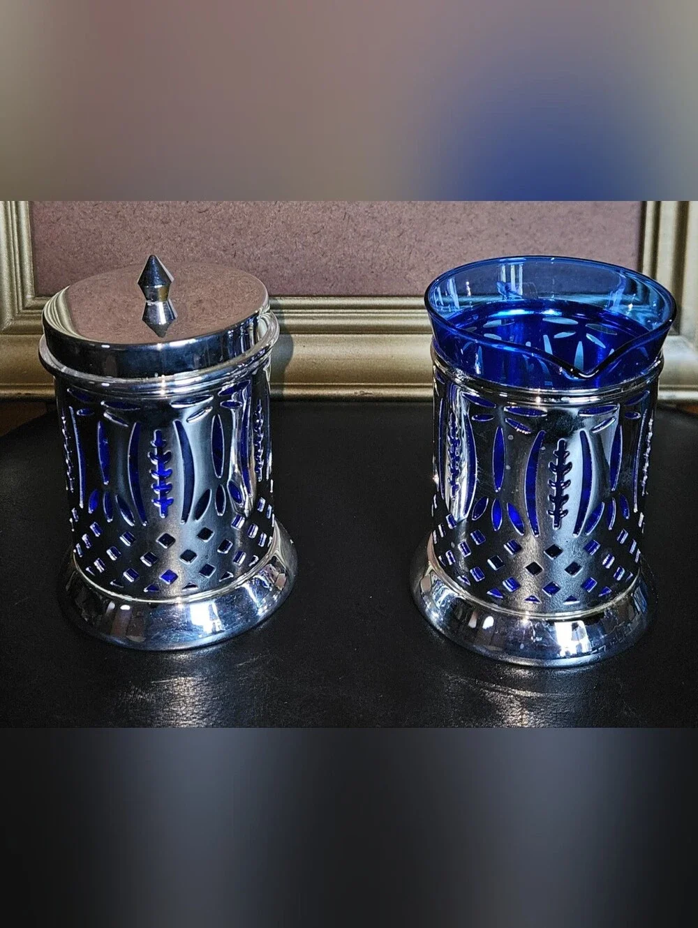 Vintage Avon Royal Sapphire Sugar and Creamer Set Cobalt Blue Glass Inserts